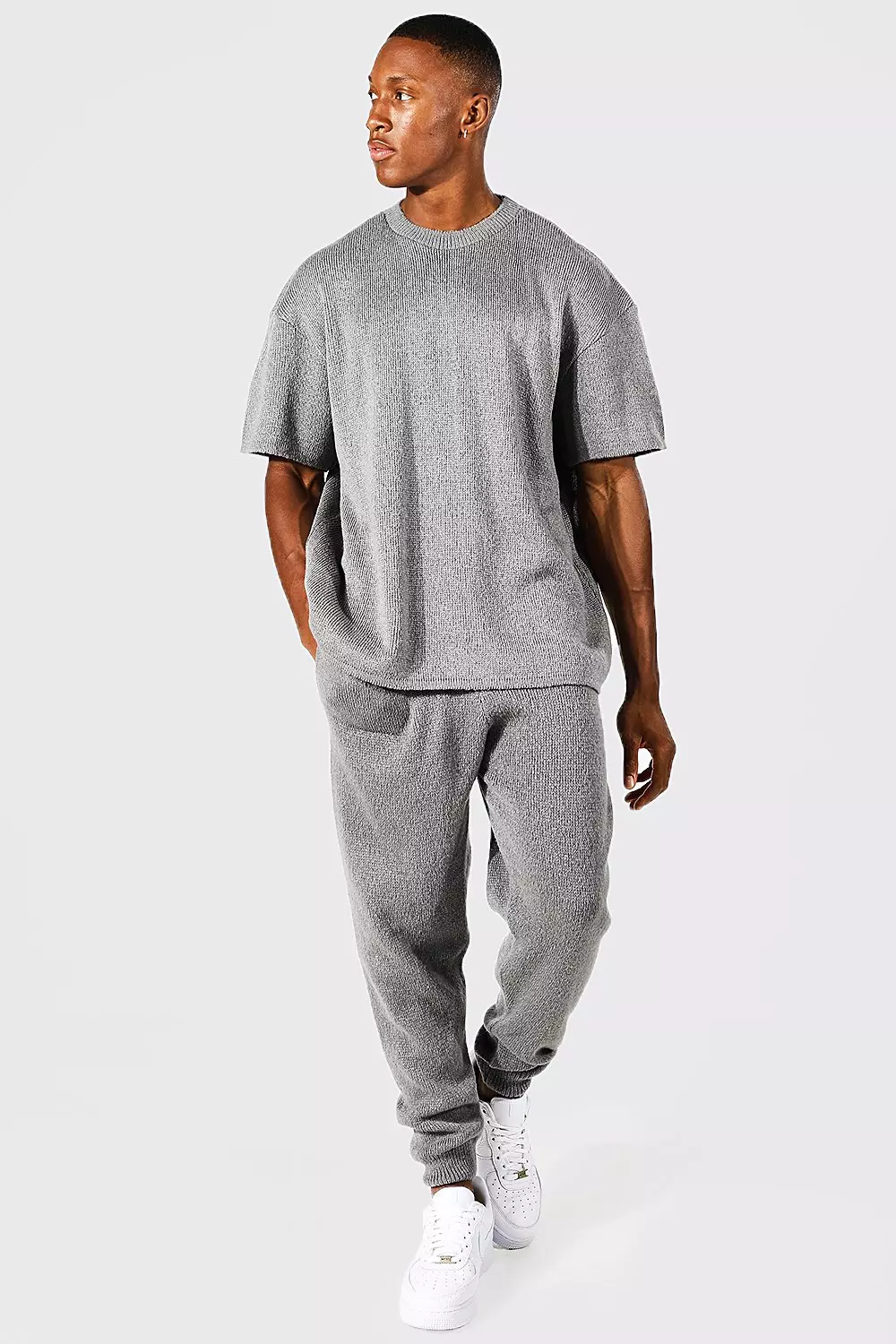 Brush Knit Extended Neck T shirt Jogger Set boohooMAN IE